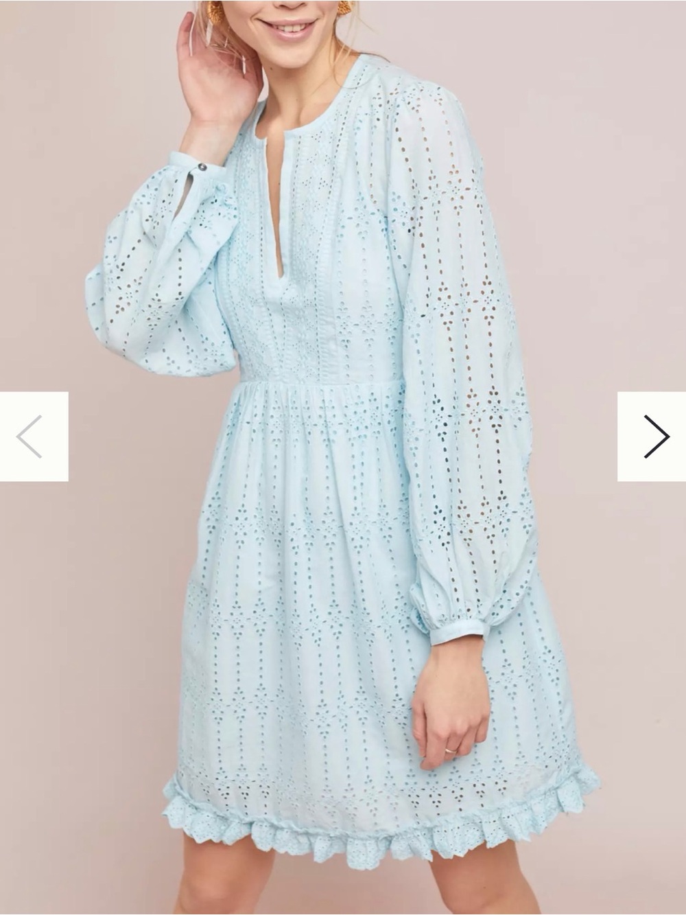 Anthropologie Womens Eyelet Babydoll Cotton Dress Size 8 Balloon Puff Sleeve